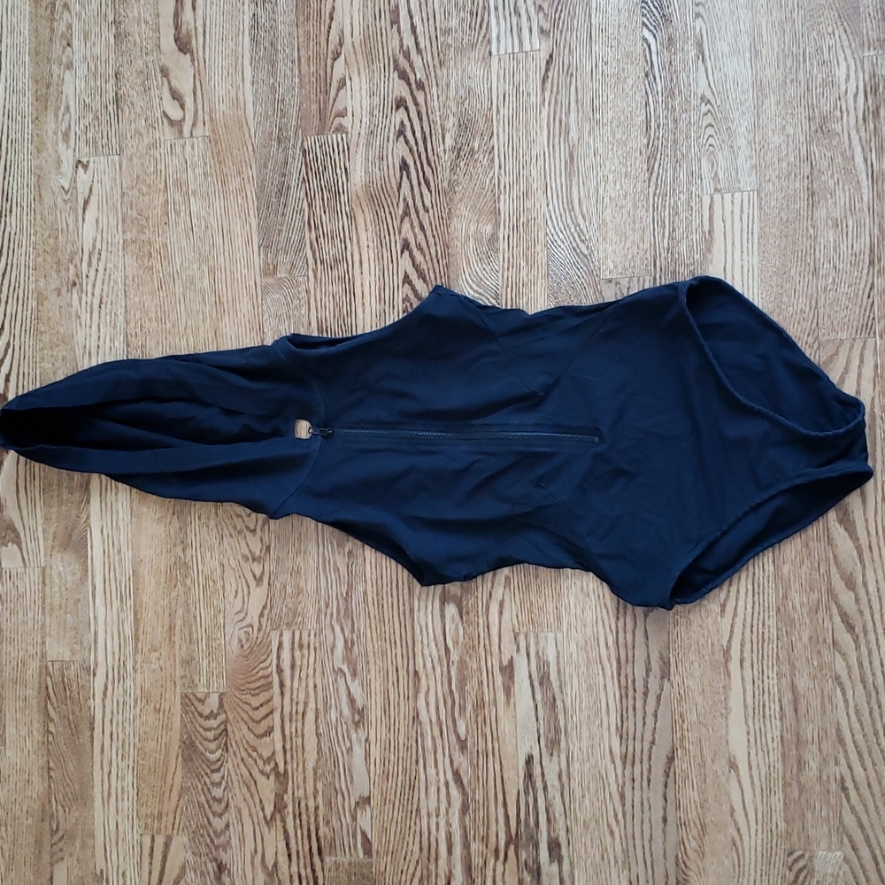 (S) Forever 21 Hooded Bodysuit Mesh Waist Details Back Cutout Partial Zip Up